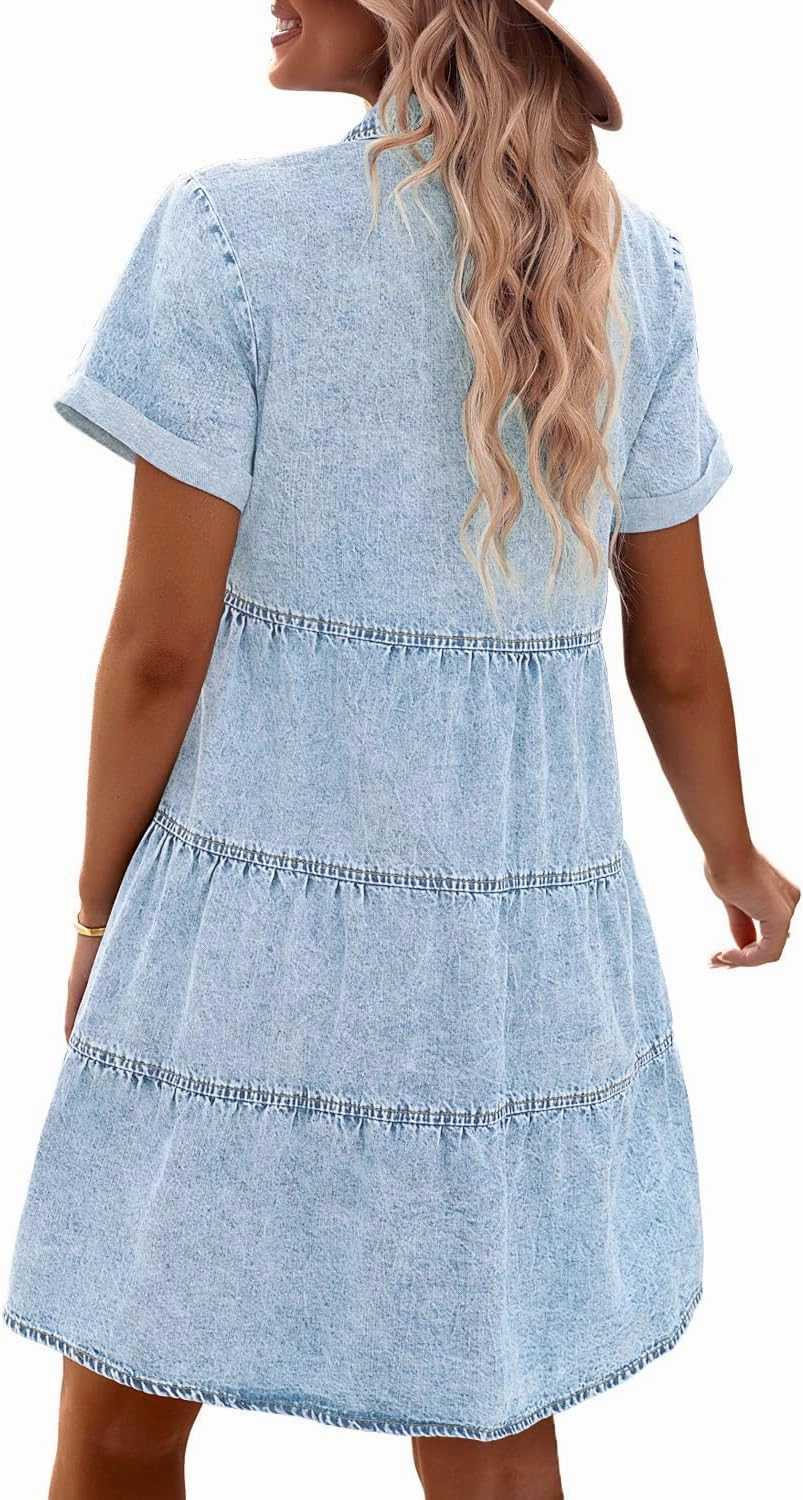 GRAPENT Denim Dress for Women Babydoll Tiered Short Sleeve Button Down Jean Shirt Dresses
