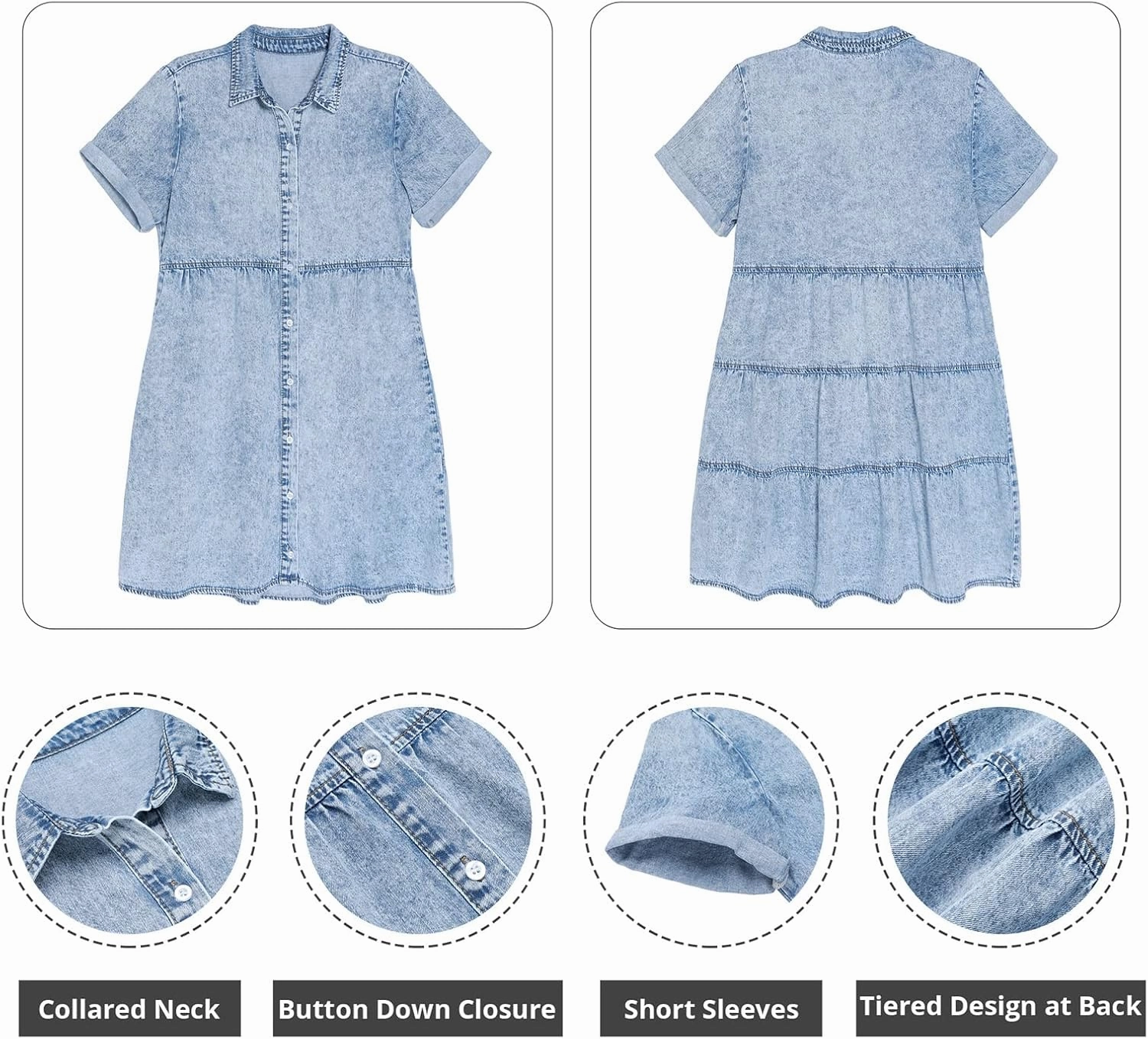 GRAPENT Denim Dress for Women Babydoll Tiered Short Sleeve Button Down Jean Shirt Dresses