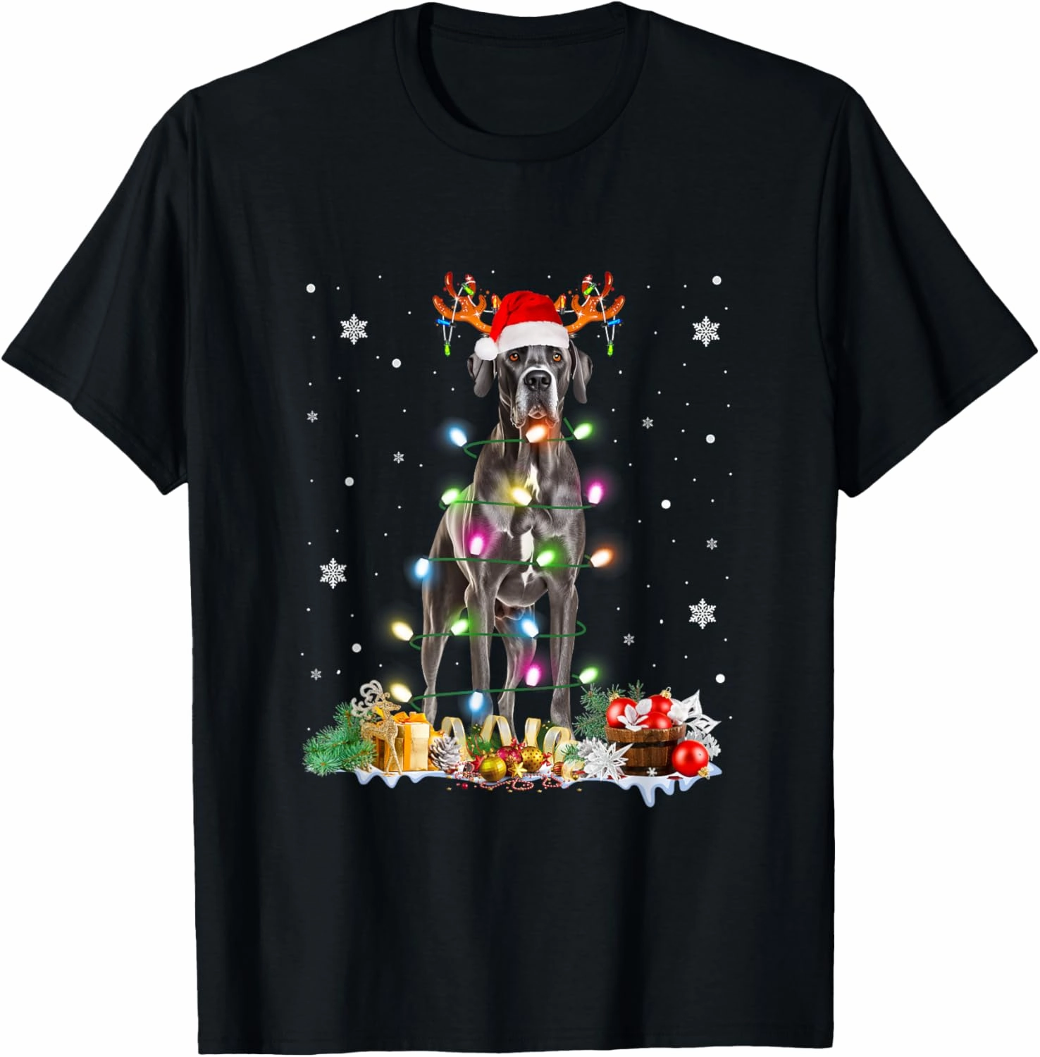 Great Dane Christmas Santa Hat Fairy Lights Pajama Dog Lover T-Shirt