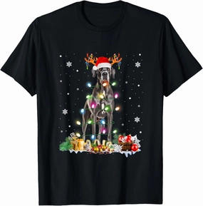 Great Dane Christmas Santa Hat Fairy Lights Pajama Dog Lover T-Shirt