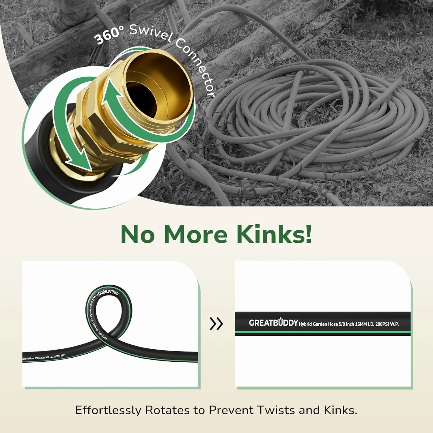 GreatBuddy 100 ft Garden Hose 5/8", Kink Free Heavy Duty Water Hose, Durable & Flexible Hose for Outdoor, Lawn, Car Washing, Pet Bathing and Household