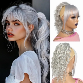 Grey Ponytail with Bangs 2 Pieces Short Drawstring Ponytail With Bangs Curly 14inch Afro Puff Pony Tail Hair Piece for Black Women