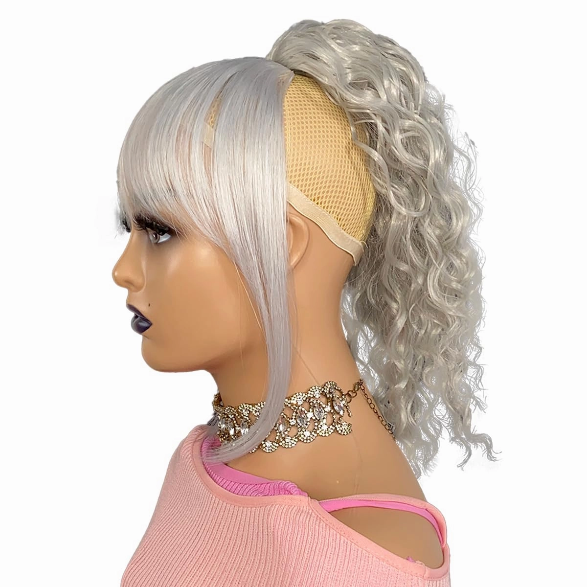 Grey Ponytail with Bangs 2 Pieces Short Drawstring Ponytail With Bangs Curly 14inch Afro Puff Pony Tail Hair Piece for Black Women