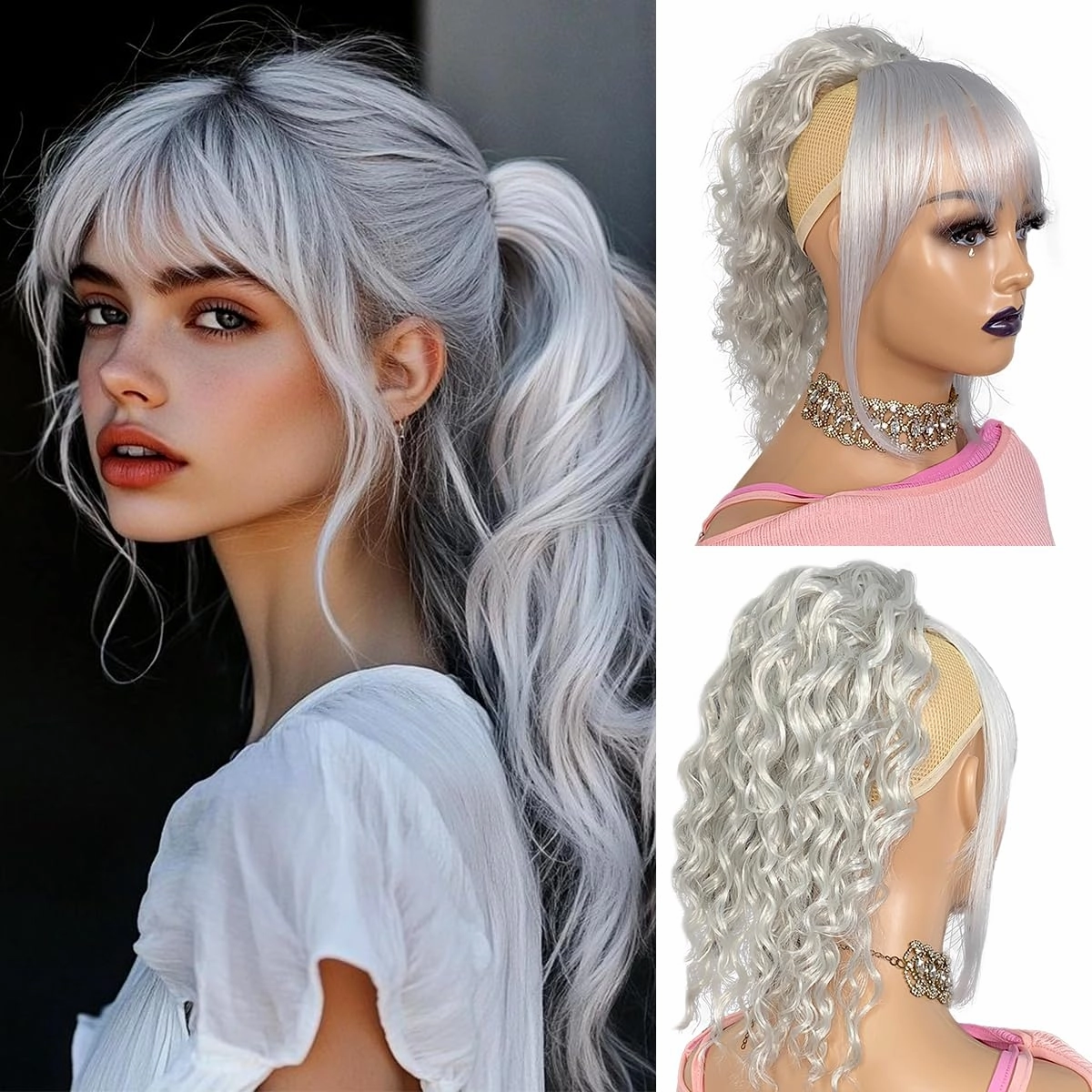 Grey Ponytail with Bangs 2 Pieces Short Drawstring Ponytail With Bangs Curly 14inch Afro Puff Pony Tail Hair Piece for Black Women