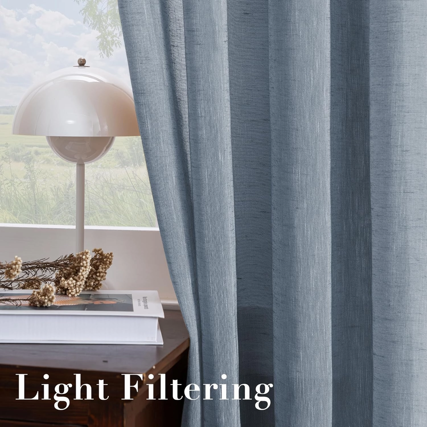 H.VERSAILTEX Linen Curtains Natural Linen Blended Curtain Panels for Living Room/Light Reducing Linen Semi Sheer Curtains 2 Panels Set Nickel Grommet Window Panels (52x84 Inch, Denim)