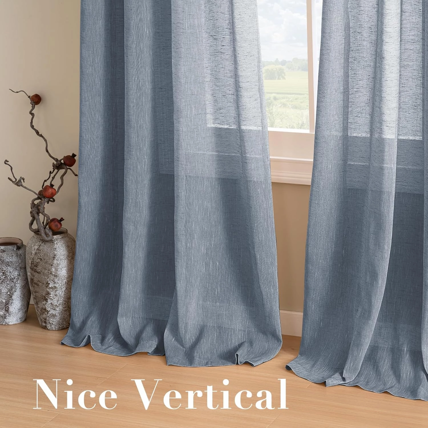 H.VERSAILTEX Linen Curtains Natural Linen Blended Curtain Panels for Living Room/Light Reducing Linen Semi Sheer Curtains 2 Panels Set Nickel Grommet Window Panels (52x84 Inch, Denim)