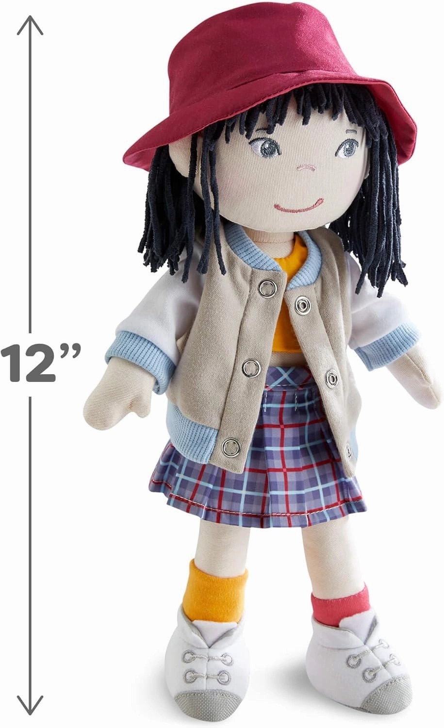 HABA 12" Soft Doll Yuki with Black Hair, Embroidered Face, Stylish Bucket Hat and Clothes - Washable Toddler Baby Doll for 18 Months 