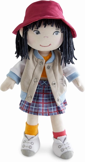 HABA 12" Soft Doll Yuki with Black Hair, Embroidered Face, Stylish Bucket Hat and Clothes - Washable Toddler Baby Doll for 18 Months 