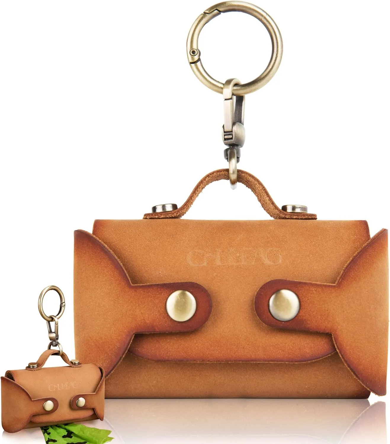 Handmade Leather Dog Poop Bag Dispenser - Stylish and Durable with Belt Attachment for Dog Walkers, Featuring a Brass Metal Clip in Hand-dyed Brown