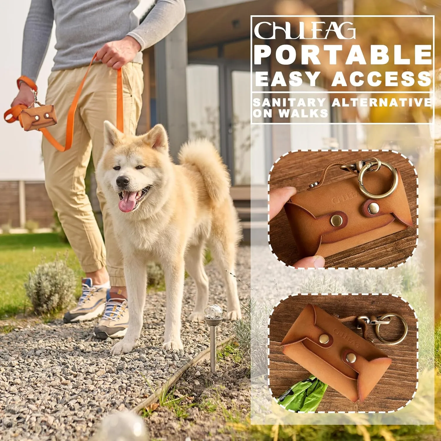 Handmade Leather Dog Poop Bag Dispenser - Stylish and Durable with Belt Attachment for Dog Walkers, Featuring a Brass Metal Clip in Hand-dyed Brown