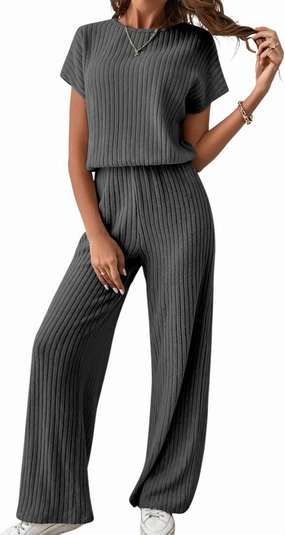 Happy Sailed Women's Casual Loose Solid Ribbed Crewneck Short Sleeve Long Romper Stretchy Wide Leg Jumpsuits