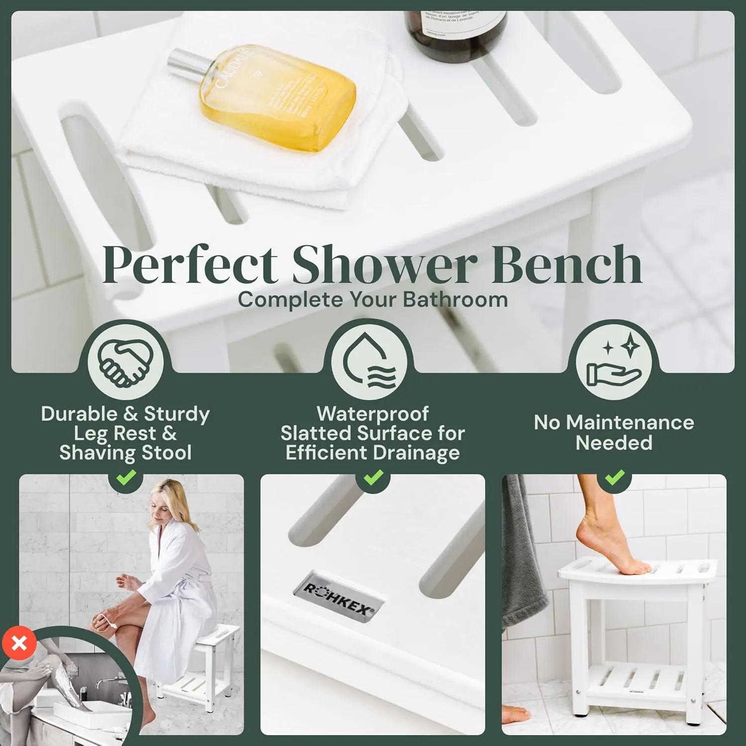 HDPE Shower Bench, Waterproof Shower Stool - Sturdy & Weather Resistant Bathseat - Non-Slip Seat for Bathroom Spa Toilet Bathtub, Wood Look with Durable Shelf for Indoor/Outdoor Use (White)