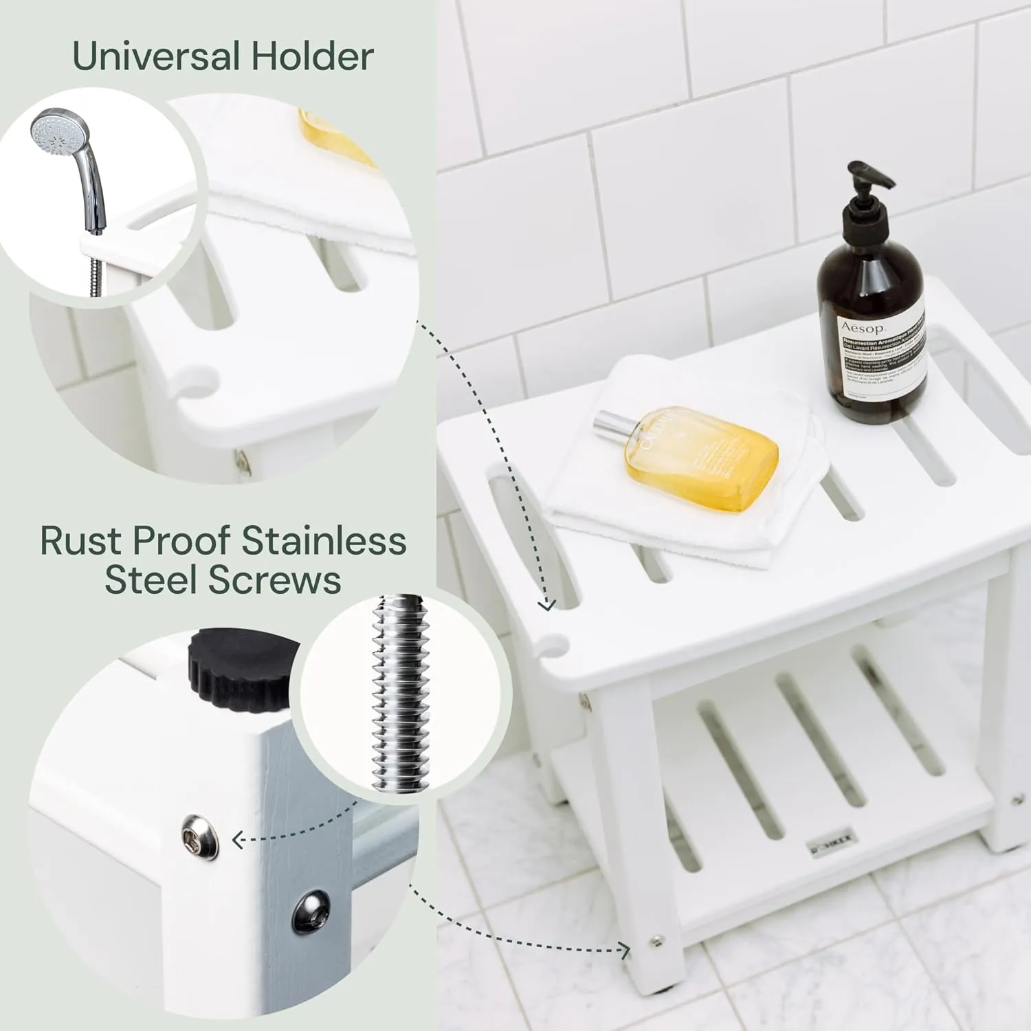 HDPE Shower Bench, Waterproof Shower Stool - Sturdy & Weather Resistant Bathseat - Non-Slip Seat for Bathroom Spa Toilet Bathtub, Wood Look with Durable Shelf for Indoor/Outdoor Use (White)