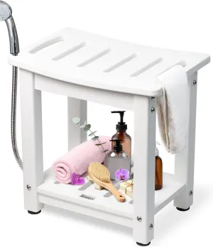 HDPE Shower Bench, Waterproof Shower Stool - Sturdy & Weather Resistant Bathseat - Non-Slip Seat for Bathroom Spa Toilet Bathtub, Wood Look with Durable Shelf for Indoor/Outdoor Use (White)