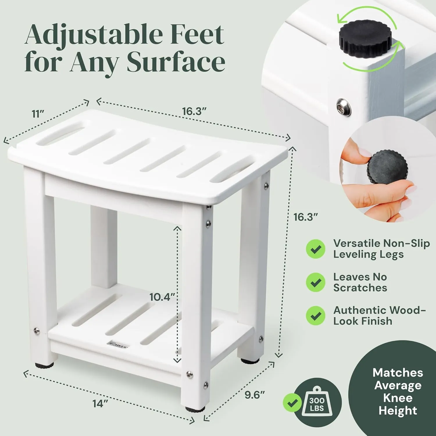 HDPE Shower Bench, Waterproof Shower Stool - Sturdy & Weather Resistant Bathseat - Non-Slip Seat for Bathroom Spa Toilet Bathtub, Wood Look with Durable Shelf for Indoor/Outdoor Use (White)