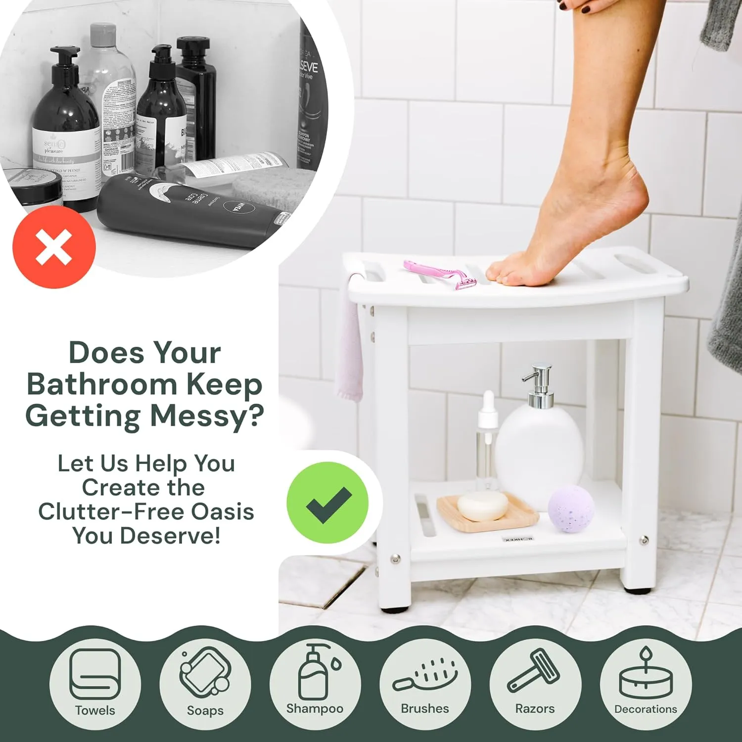 HDPE Shower Bench, Waterproof Shower Stool - Sturdy & Weather Resistant Bathseat - Non-Slip Seat for Bathroom Spa Toilet Bathtub, Wood Look with Durable Shelf for Indoor/Outdoor Use (White)