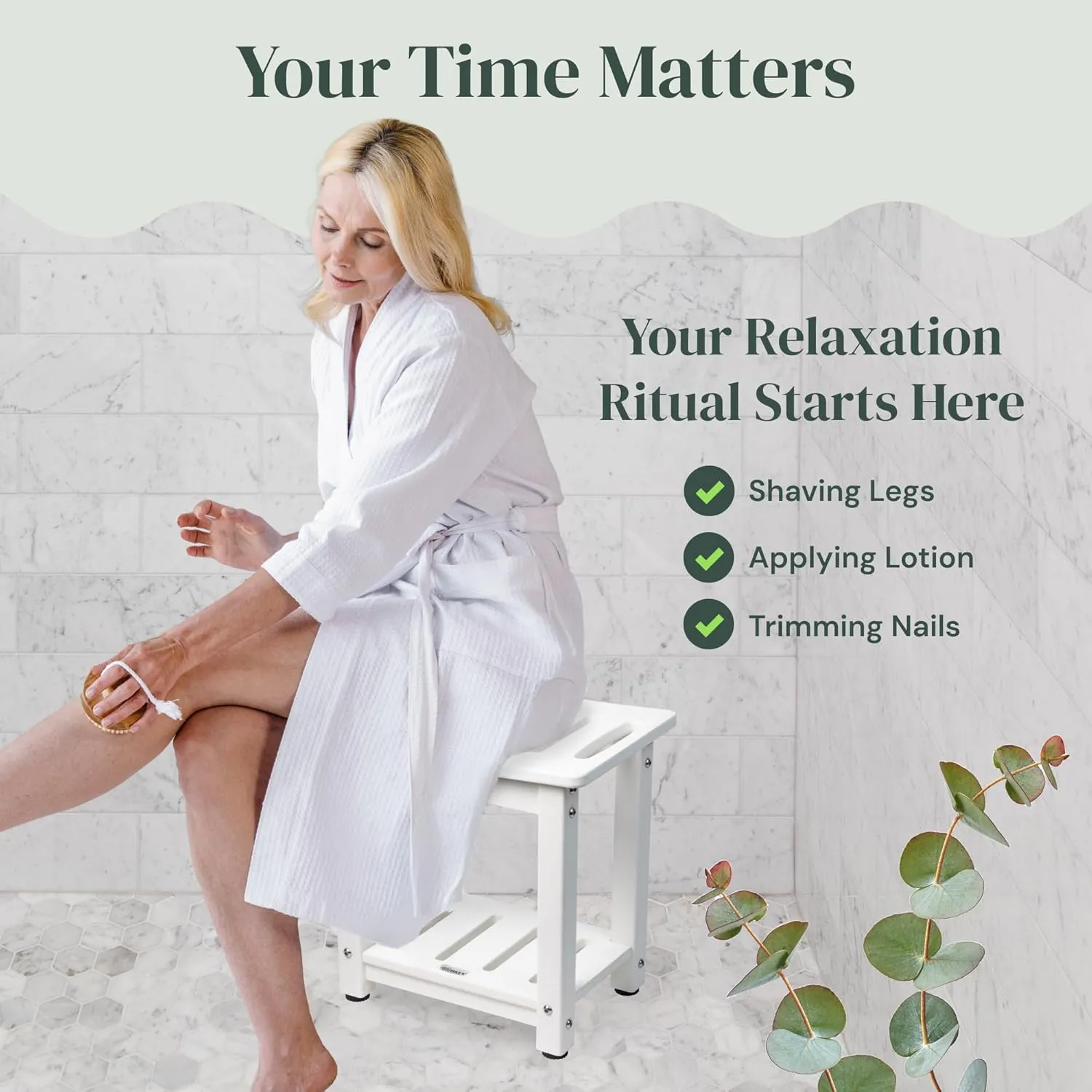 HDPE Shower Bench, Waterproof Shower Stool - Sturdy & Weather Resistant Bathseat - Non-Slip Seat for Bathroom Spa Toilet Bathtub, Wood Look with Durable Shelf for Indoor/Outdoor Use (White)