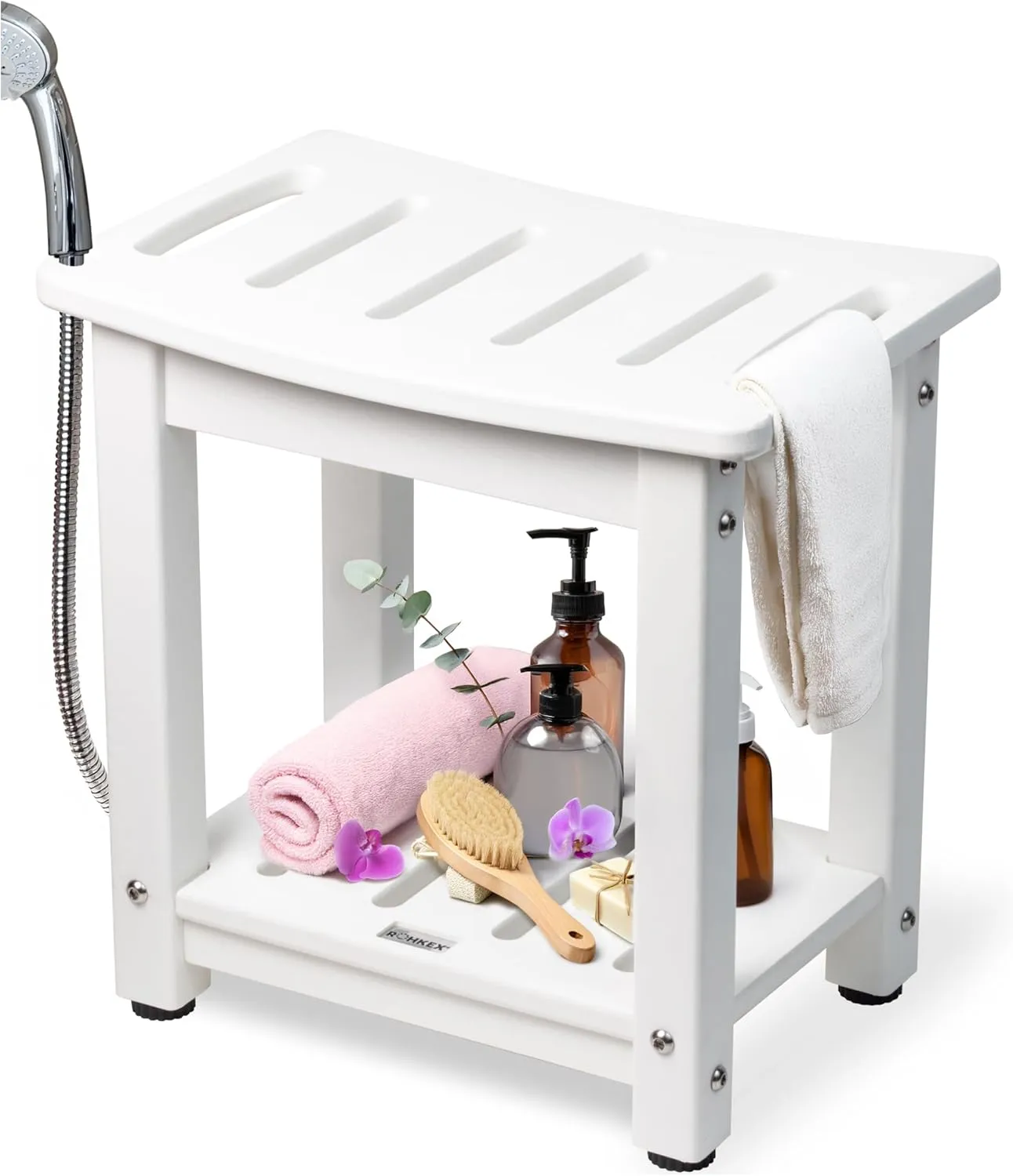 HDPE Shower Bench, Waterproof Shower Stool - Sturdy & Weather Resistant Bathseat - Non-Slip Seat for Bathroom Spa Toilet Bathtub, Wood Look with Durable Shelf for Indoor/Outdoor Use (White)