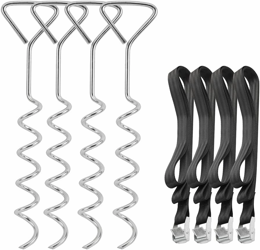 Heavy Duty Trampoline Parts Corkscrew Shape Steel Stakes Anchor Kit - Safety Galvanized Ground Anchor Spiral Wind Stakes and Tie Down Straps, Set of 4