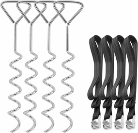 Heavy Duty Trampoline Parts Corkscrew Shape Steel Stakes Anchor Kit - Safety Galvanized Ground Anchor Spiral Wind Stakes and Tie Down Straps, Set of 4