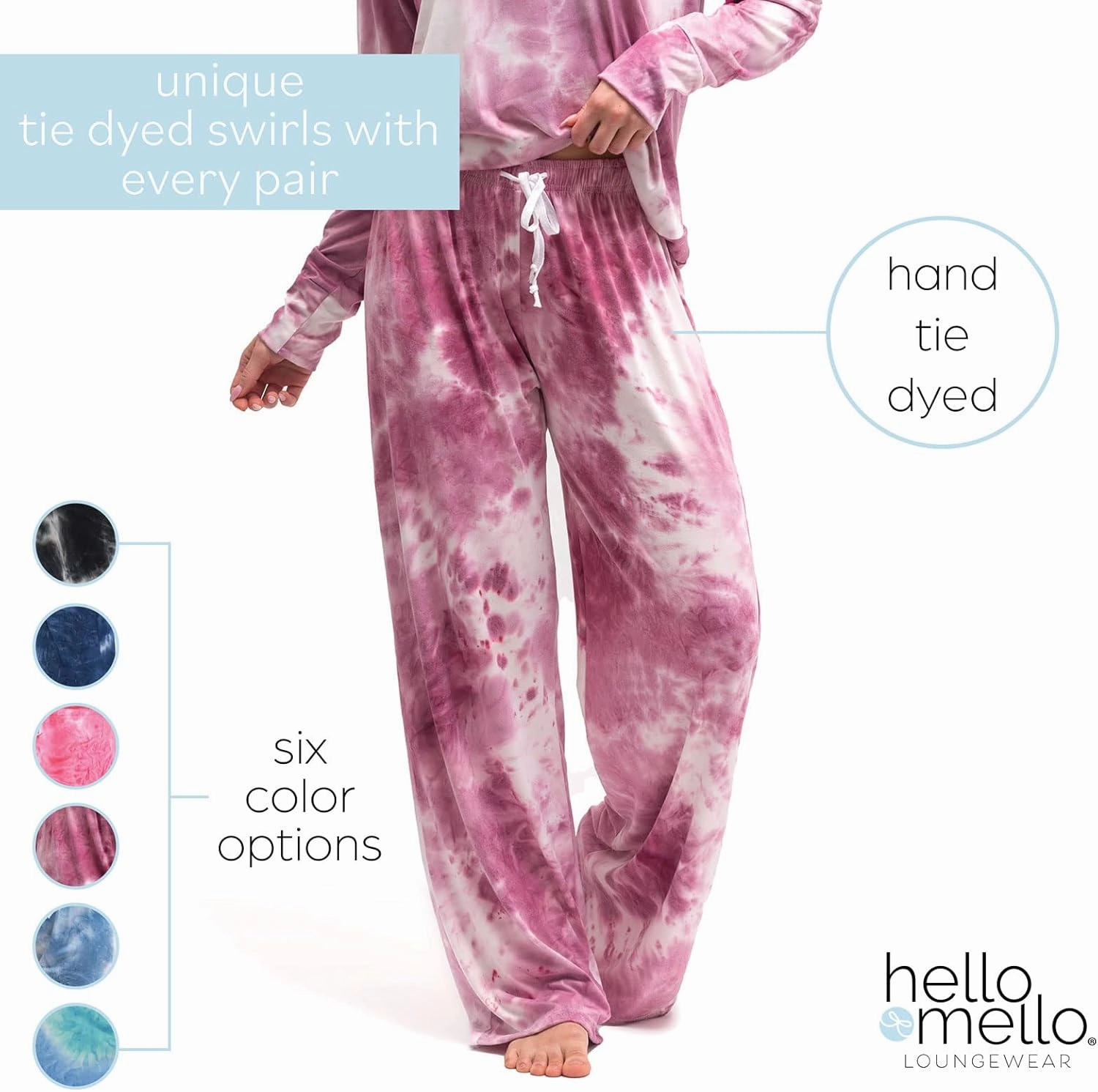 Hello Mello Dyes The Limit Lounge Pants Soft Pajama Tie Dye Bottoms Elastic Waistband Drawstring Tie