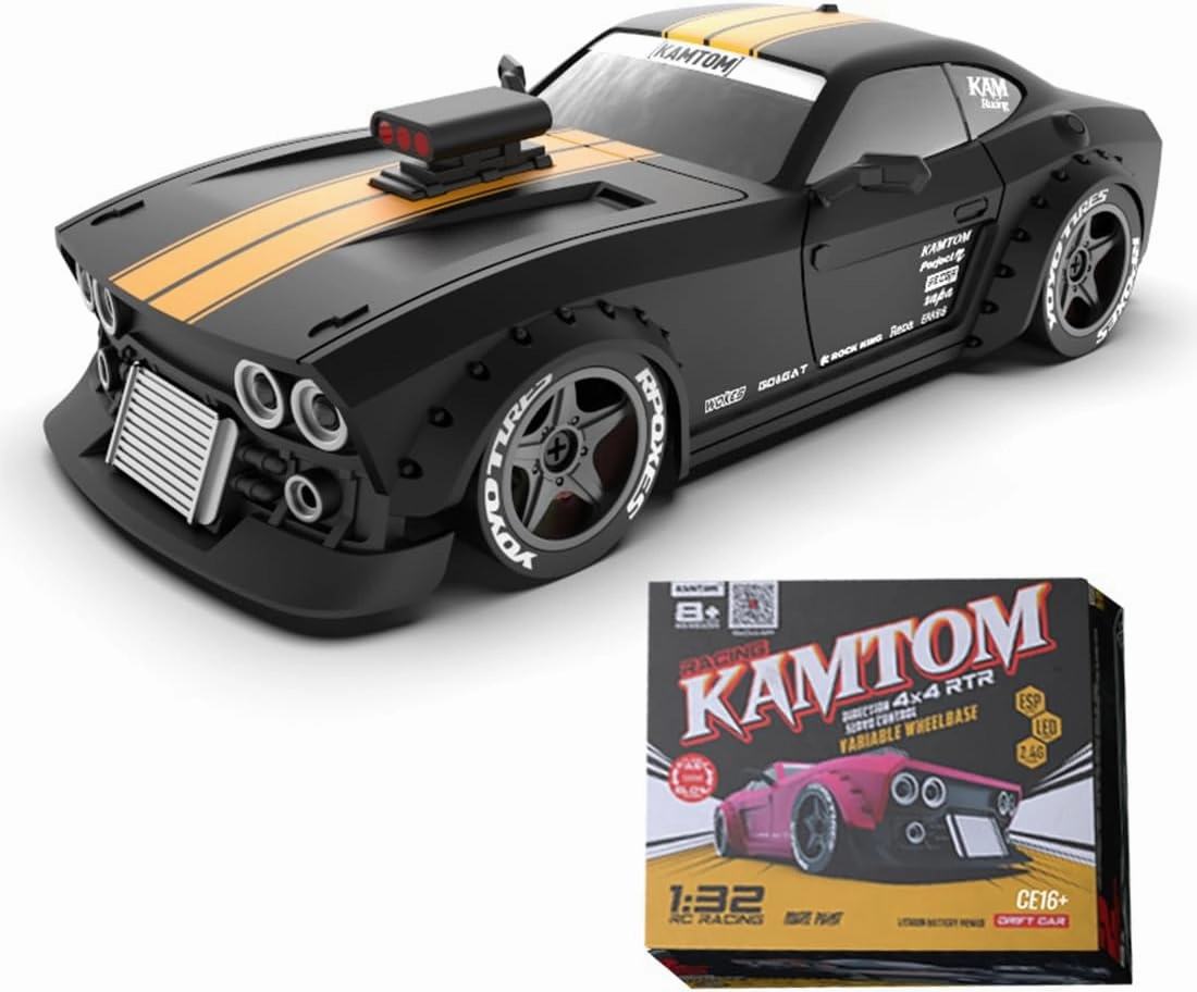 HERR 4WD RC Drift Car 1/32 Scale 2.4G with LED Headlights Variable Wheelbase Indoor Miniature Toy Hobbyist RTR Version (Black)