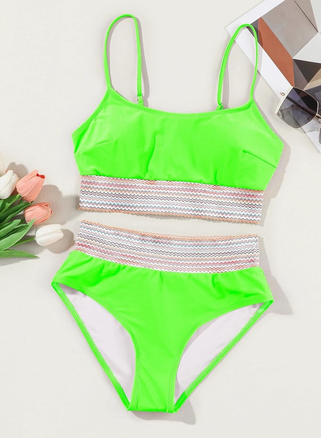 Herseas Women's Bikini Sets Colorblock Trim 2 Piece High Waisted Swimsuit Scoop Neck Adjustable Spaghetti Straps Bathing Suit