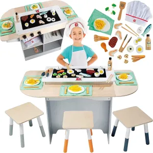 Hibachi Grill Wooden Kids Playset w Stools, Table Settings & Over 25 Toy Food Pieces- Noodles Tongs Meats Veggies- Everything a Little Chef Needs for Pretend Play, Indoor Japanese Restaurant Stand