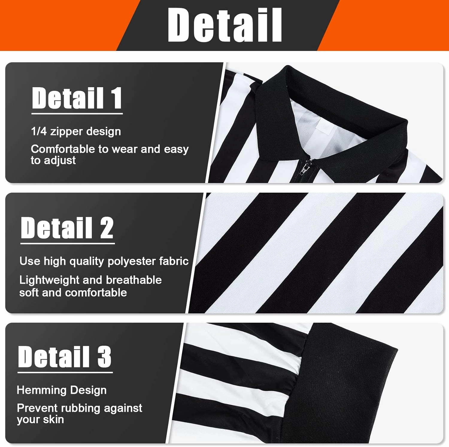 Hicarer Ice Hockey Long Sleeve Striped Referee Shirt Men's Official Referee Costume Orange Red Armbands Finger Grip Whistle