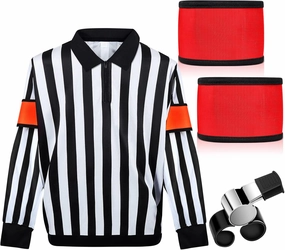 Hicarer Ice Hockey Long Sleeve Striped Referee Shirt Men's Official Referee Costume Orange Red Armbands Finger Grip Whistle