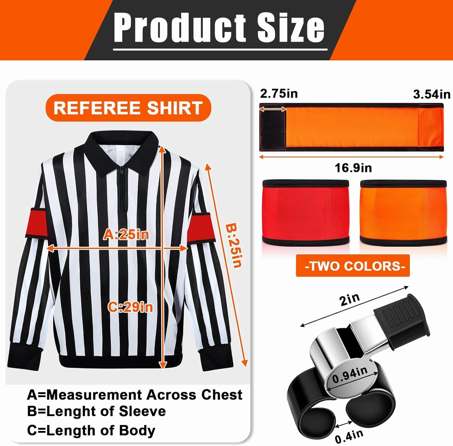 Hicarer Ice Hockey Long Sleeve Striped Referee Shirt Men's Official Referee Costume Orange Red Armbands Finger Grip Whistle