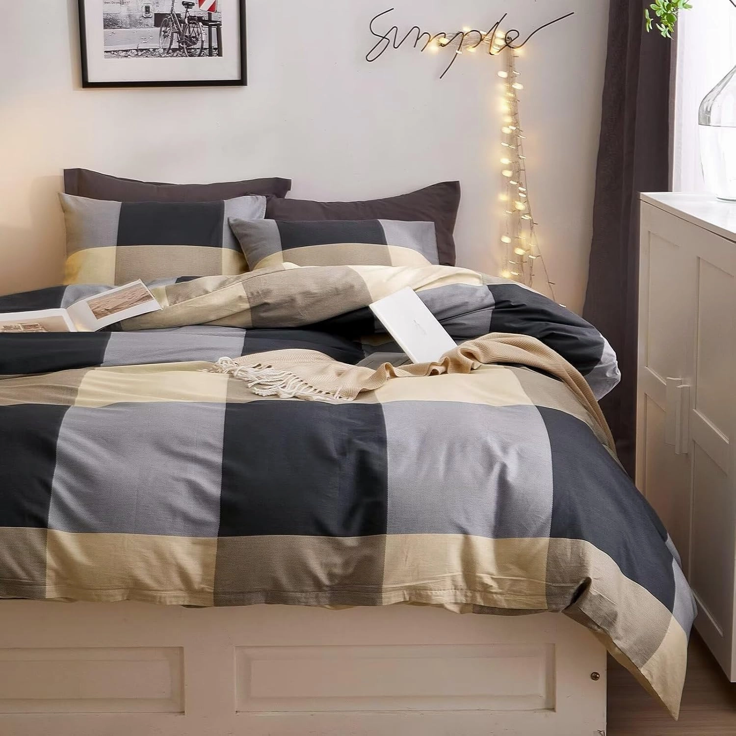HighBuy Full Size Duvet Cover Set Grey Khaki Plaid Grid Bedding Set Chic Cotton Comforter Covers Checkered Pattern Gingham Bedding Full Duvet Cover Set Boho Buffalo Plaid Bedding Sets