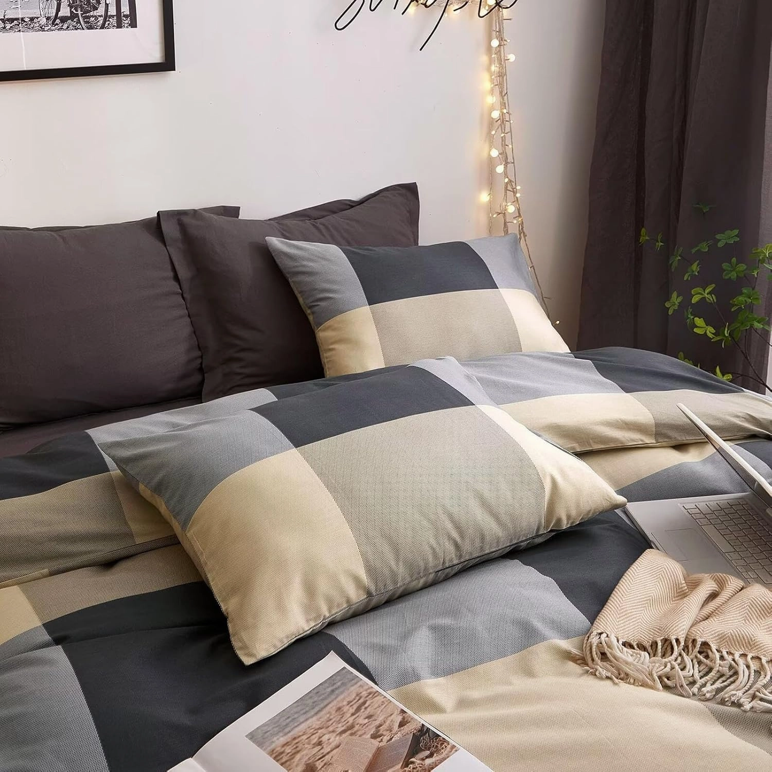 HighBuy Full Size Duvet Cover Set Grey Khaki Plaid Grid Bedding Set Chic Cotton Comforter Covers Checkered Pattern Gingham Bedding Full Duvet Cover Set Boho Buffalo Plaid Bedding Sets