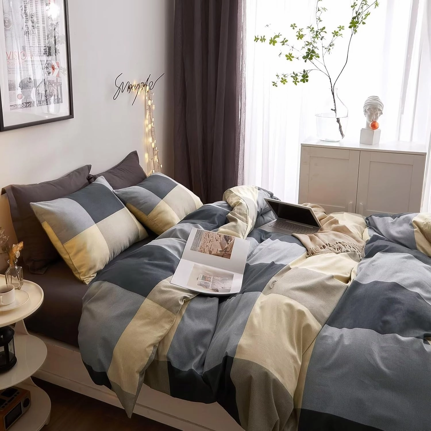 HighBuy Full Size Duvet Cover Set Grey Khaki Plaid Grid Bedding Set Chic Cotton Comforter Covers Checkered Pattern Gingham Bedding Full Duvet Cover Set Boho Buffalo Plaid Bedding Sets