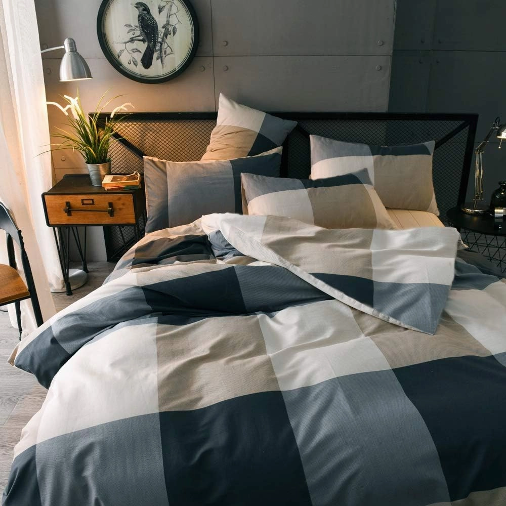 HighBuy Full Size Duvet Cover Set Grey Khaki Plaid Grid Bedding Set Chic Cotton Comforter Covers Checkered Pattern Gingham Bedding Full Duvet Cover Set Boho Buffalo Plaid Bedding Sets