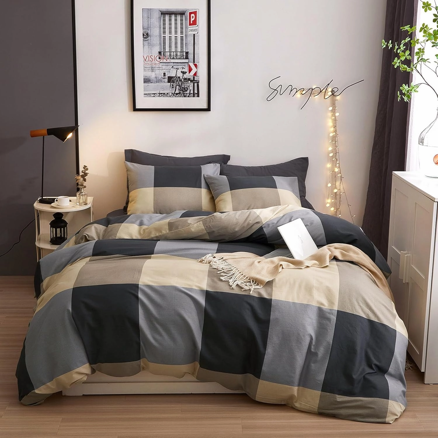 HighBuy Full Size Duvet Cover Set Grey Khaki Plaid Grid Bedding Set Chic Cotton Comforter Covers Checkered Pattern Gingham Bedding Full Duvet Cover Set Boho Buffalo Plaid Bedding Sets