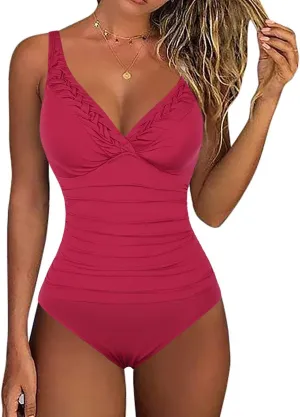 Hilor Women's Tummy Control Swimsuits Slimming One Piece Bathing Suits Pin Tucked Surplice Swimwear