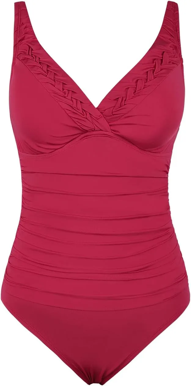 Hilor Women's Tummy Control Swimsuits Slimming One Piece Bathing Suits Pin Tucked Surplice Swimwear