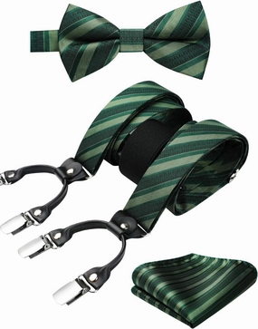 HISDERN Bow Tie and Suspenders for Men Suspender and Bowtie Handkerchief Set Adjustable Y Shape 6 Clips Wedding Brace