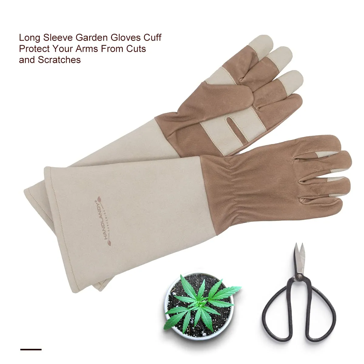 HLDD HANDLANDY Gardening Gloves for Women & Men, Leather Long Sleeve Rose Pruning Gloves, Thorn Proof Garden Work Gauntlet Animal Handling Gloves (Small, Light Brown)