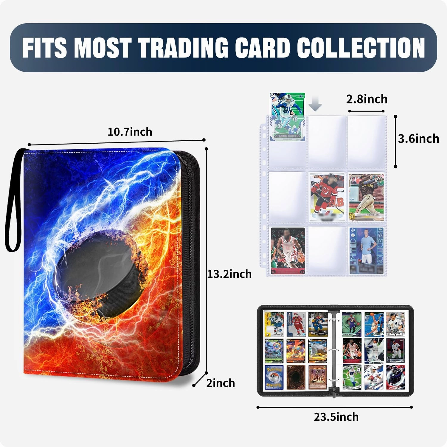 Hockey Card Binder 9 Pocket Fits 900 Cards, Trading Card Binder Album Display Holder with 50 Removable Sleeves for Sports, Basketball, Baseball, Football, Yugioh, MTG, Games Trading Cards