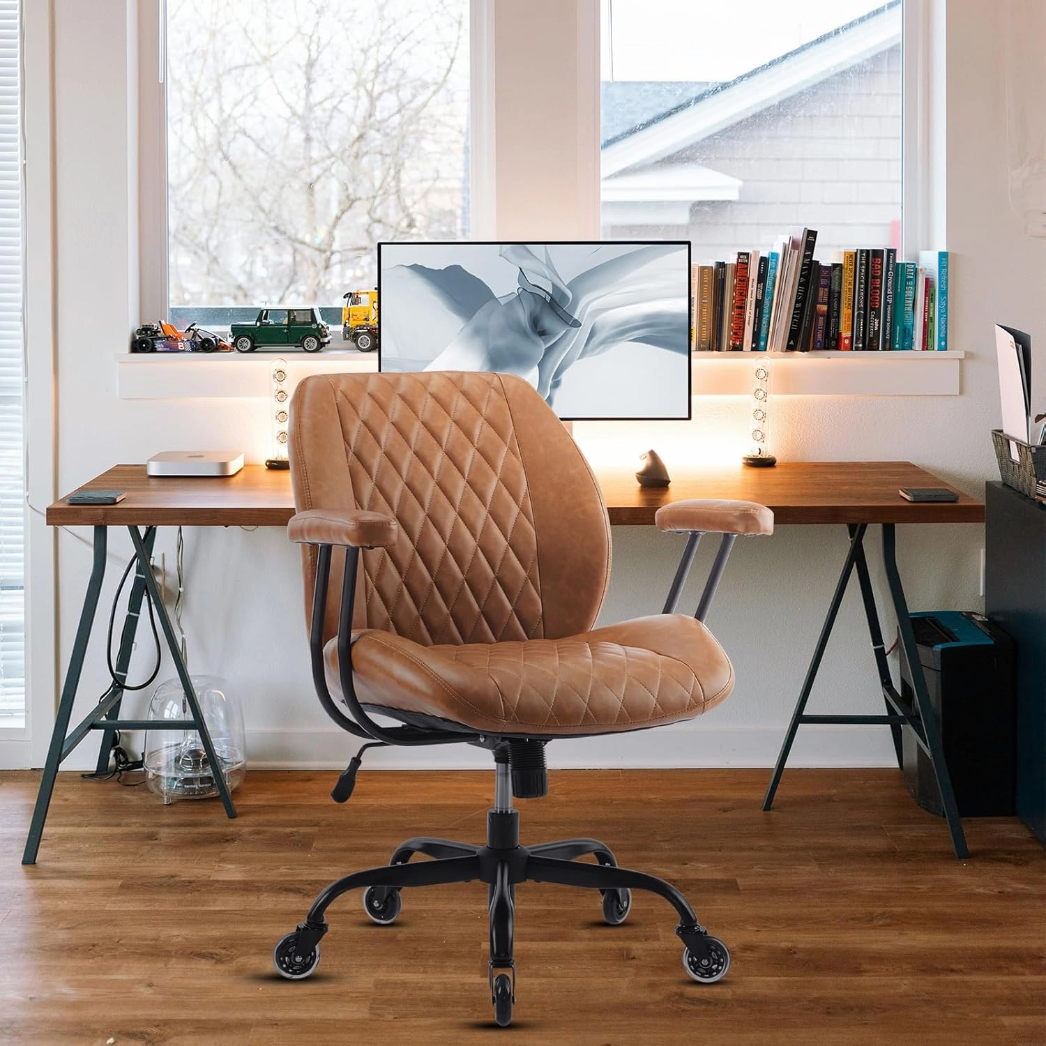 Home Office Desk Chair Office Rubber Casters Ergonomic Computer Chair with Lumbar Support Adjustable Height Rolling Swivel Executive Task Armrests Chair， Brown Leather