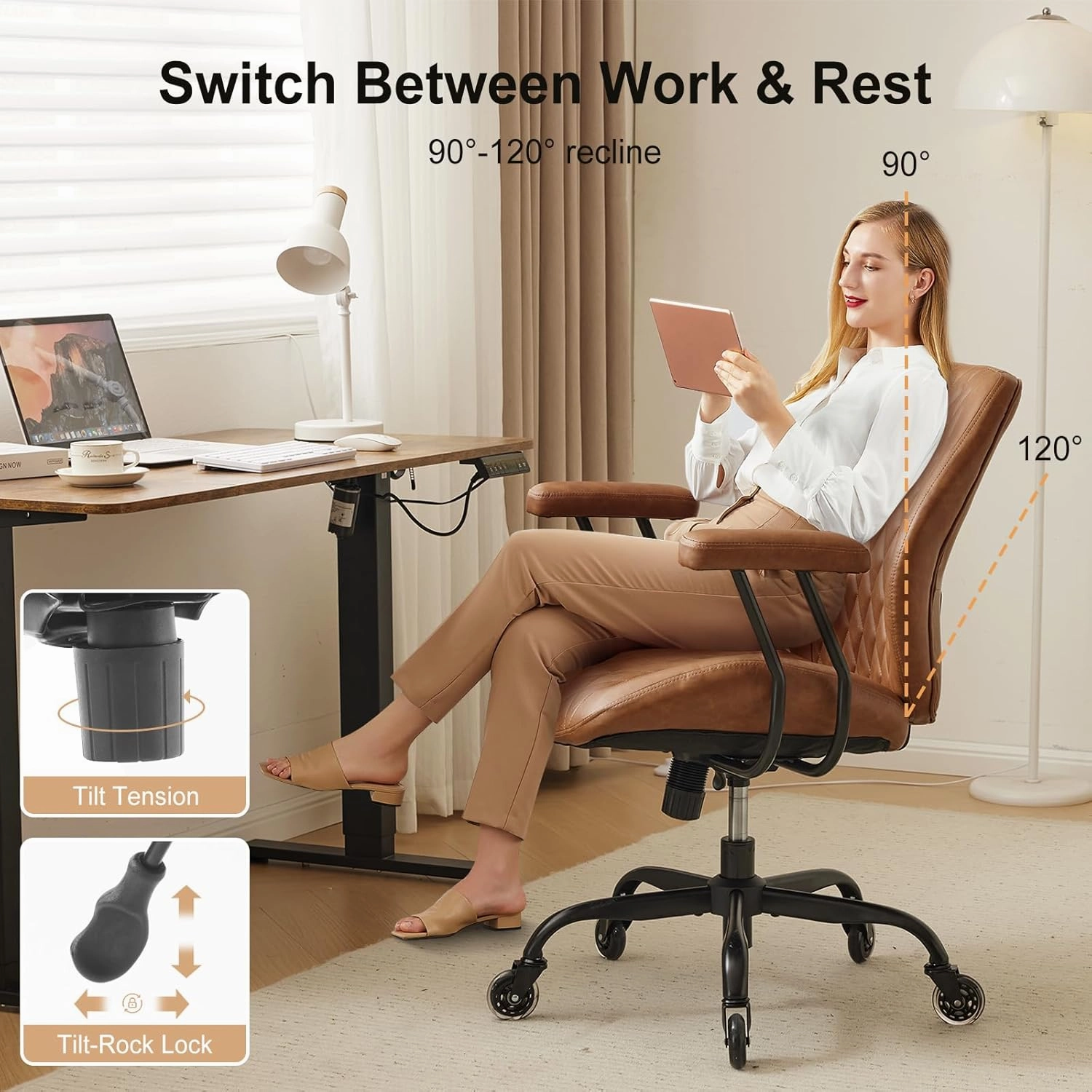 Home Office Desk Chair Office Rubber Casters Ergonomic Computer Chair with Lumbar Support Adjustable Height Rolling Swivel Executive Task Armrests Chair， Brown Leather