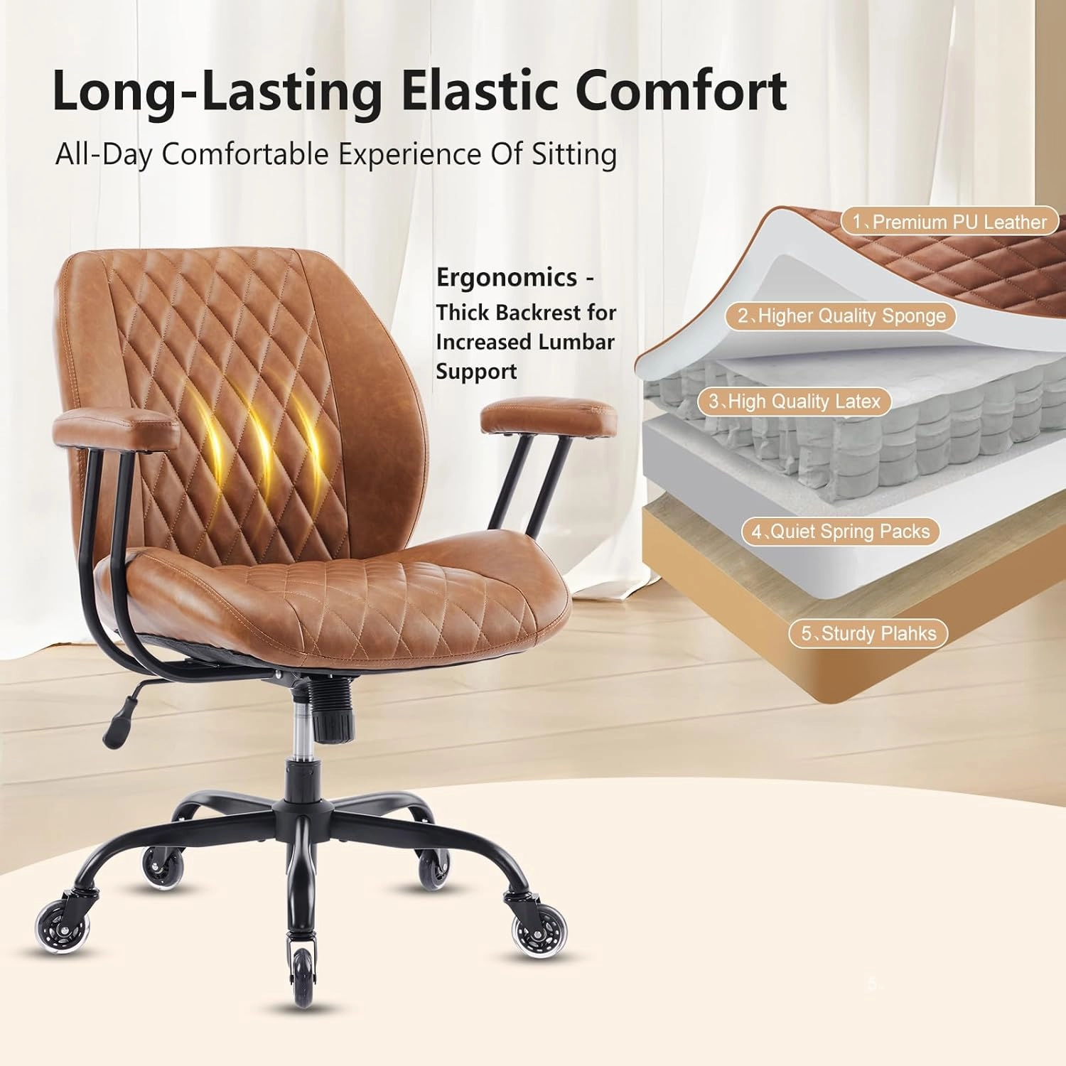 Home Office Desk Chair Office Rubber Casters Ergonomic Computer Chair with Lumbar Support Adjustable Height Rolling Swivel Executive Task Armrests Chair， Brown Leather