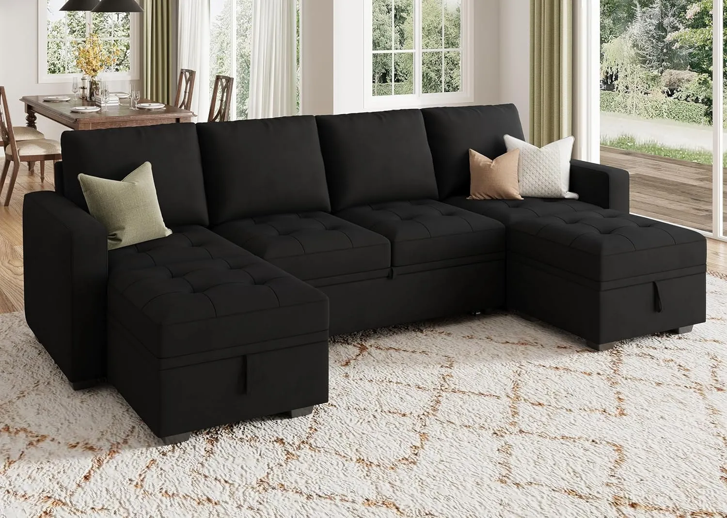 HONBAY Modular Sectional Sleeper Sofa with Pull Out Bed, Velvet Convertible L Shaped Couch with Storage Seat, Sectional Couches for Living Room, Black