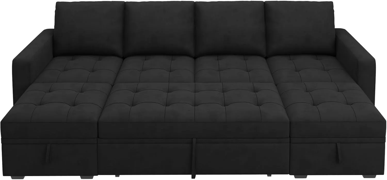 HONBAY Modular Sectional Sleeper Sofa with Pull Out Bed, Velvet Convertible L Shaped Couch with Storage Seat, Sectional Couches for Living Room, Black
