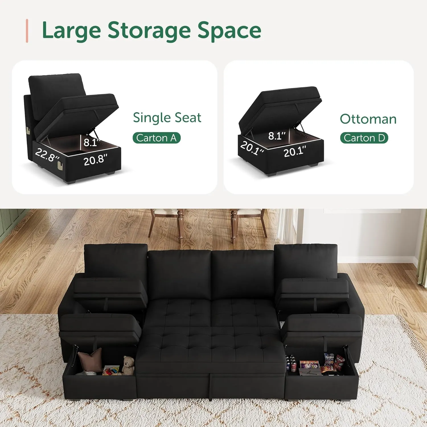 HONBAY Modular Sectional Sleeper Sofa with Pull Out Bed, Velvet Convertible L Shaped Couch with Storage Seat, Sectional Couches for Living Room, Black
