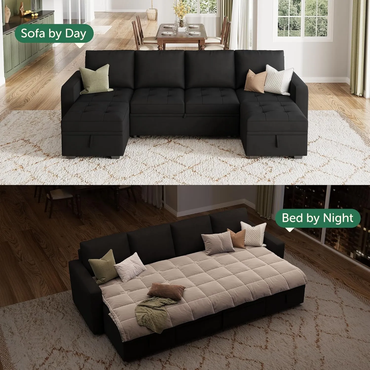 HONBAY Modular Sectional Sleeper Sofa with Pull Out Bed, Velvet Convertible L Shaped Couch with Storage Seat, Sectional Couches for Living Room, Black