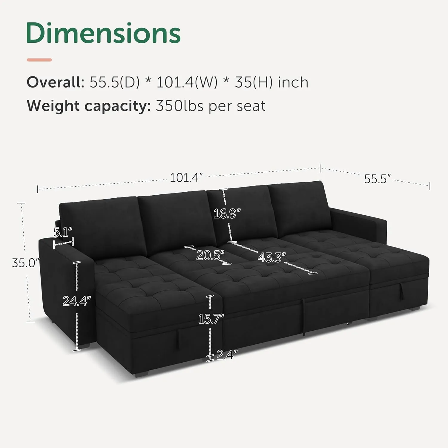 HONBAY Modular Sectional Sleeper Sofa with Pull Out Bed, Velvet Convertible L Shaped Couch with Storage Seat, Sectional Couches for Living Room, Black