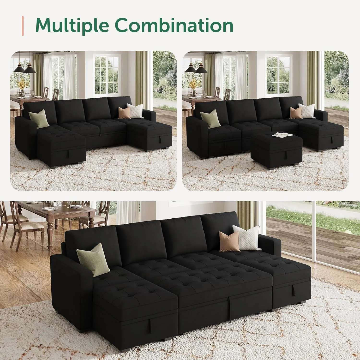 HONBAY Modular Sectional Sleeper Sofa with Pull Out Bed, Velvet Convertible L Shaped Couch with Storage Seat, Sectional Couches for Living Room, Black